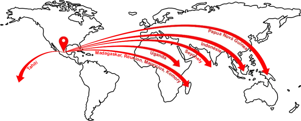 Mapa pěstování vanilky ve světě s vyznačením Madagaskaru a Mexika.