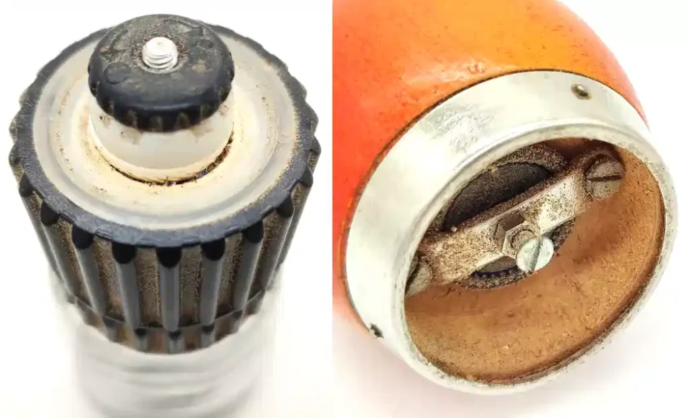 Pohled na mlecí kameny a mechanismus kvalitního mlýnku na pepř