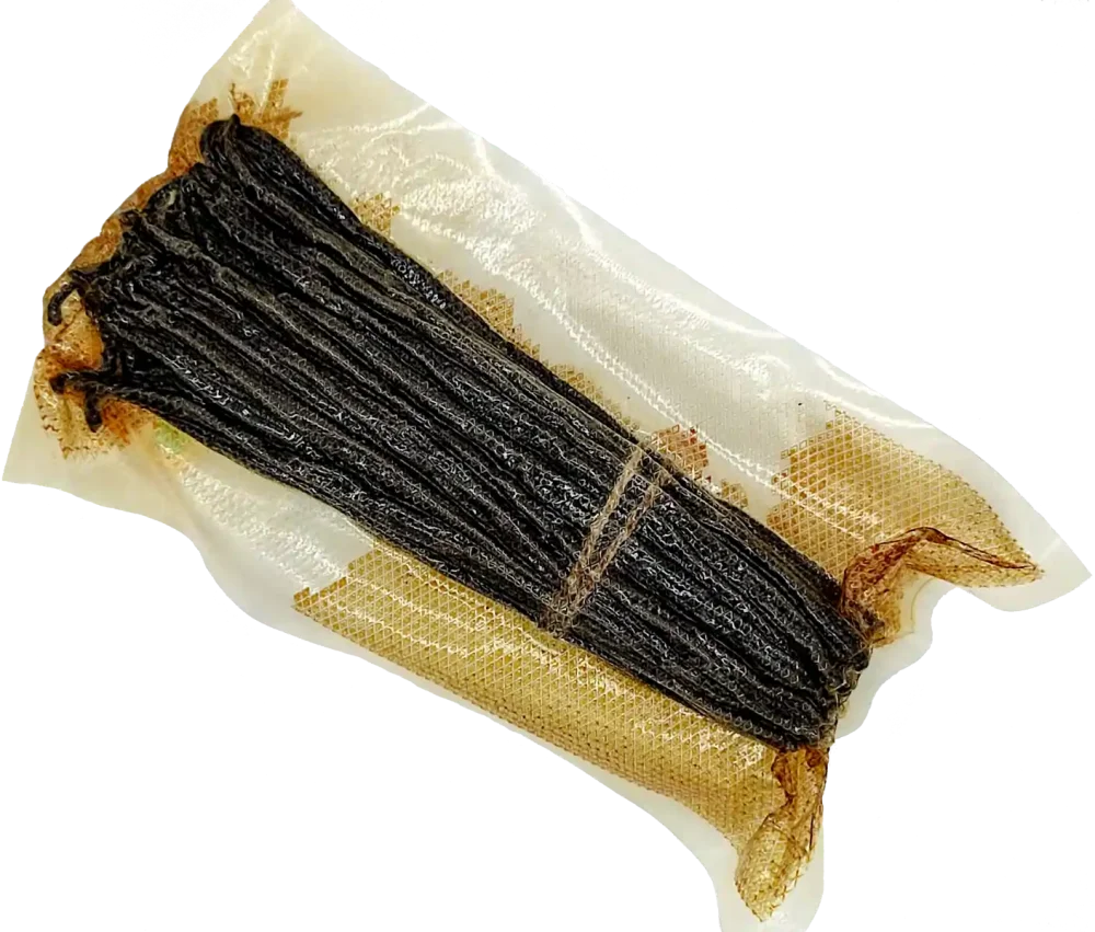 Vakuové balení vanilky s rozteklými aromatickými oleji a vanilinem.